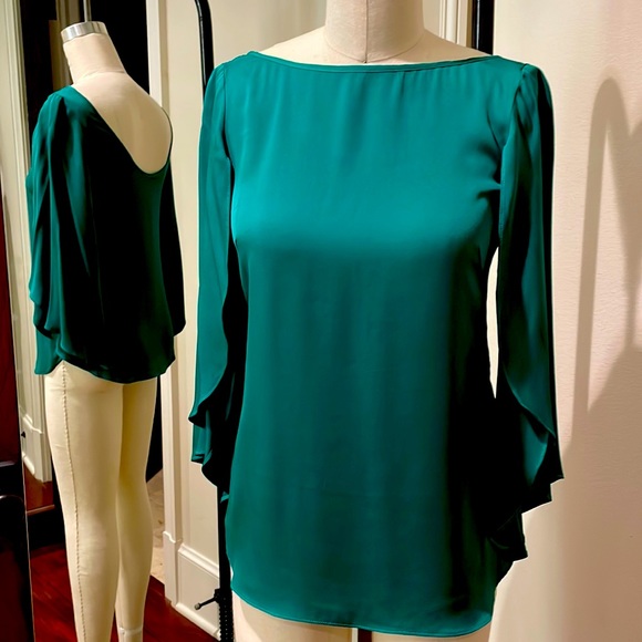 Molly Silk Butterfly Sleeve Green Blouse Sz 2 - Picture 1 of 6